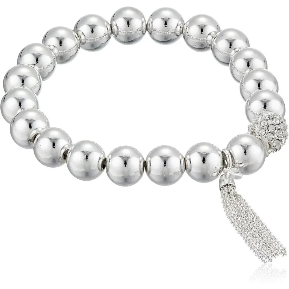 Women's Silver Tone Crystal Tassel No Clasp Glass Base Stretch Bracelet